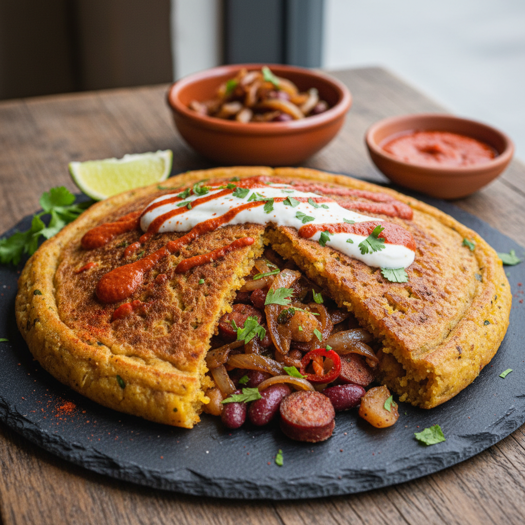 Crispy Bean & Hominy Stuffed Flatbread — Stuffed Bean Pancake with Spiced Onion - Cachupa Mutabbaq