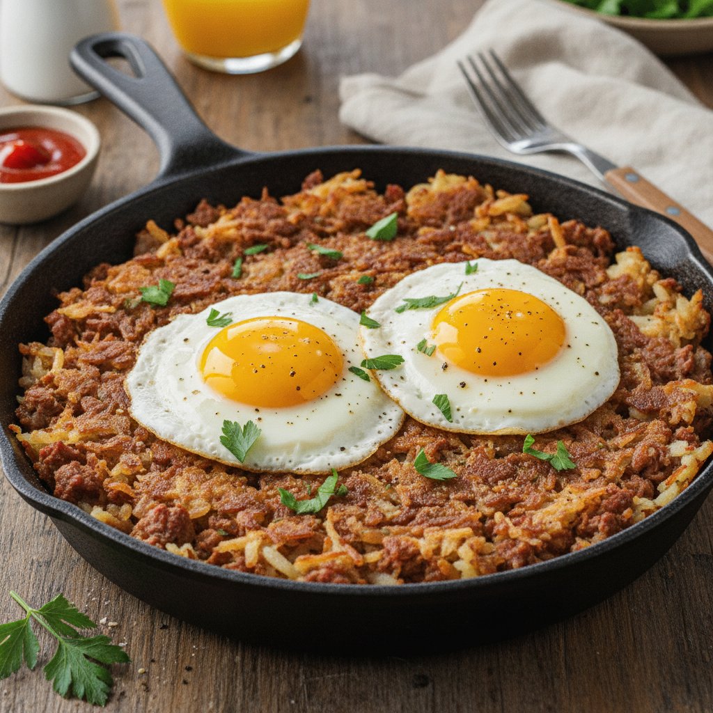 Corned Beef Hash and Eggs (No-Chop)