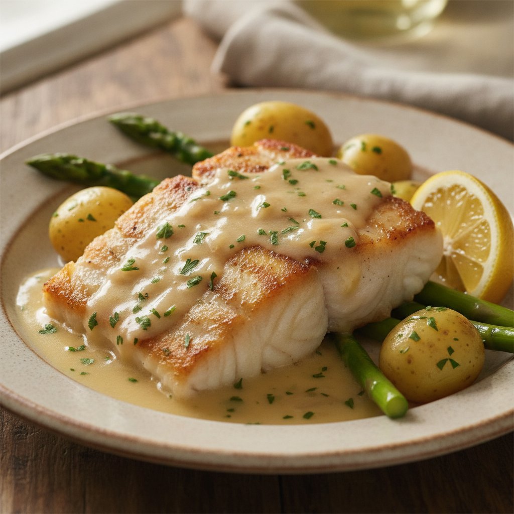 Cod Steak with White Wine Sauce