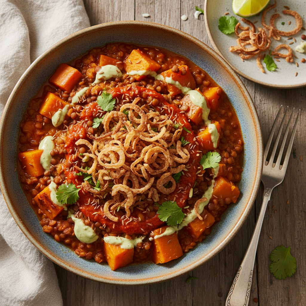 Crispy Lentil & Kumara Pumpkin Stew - Koshari Kumara