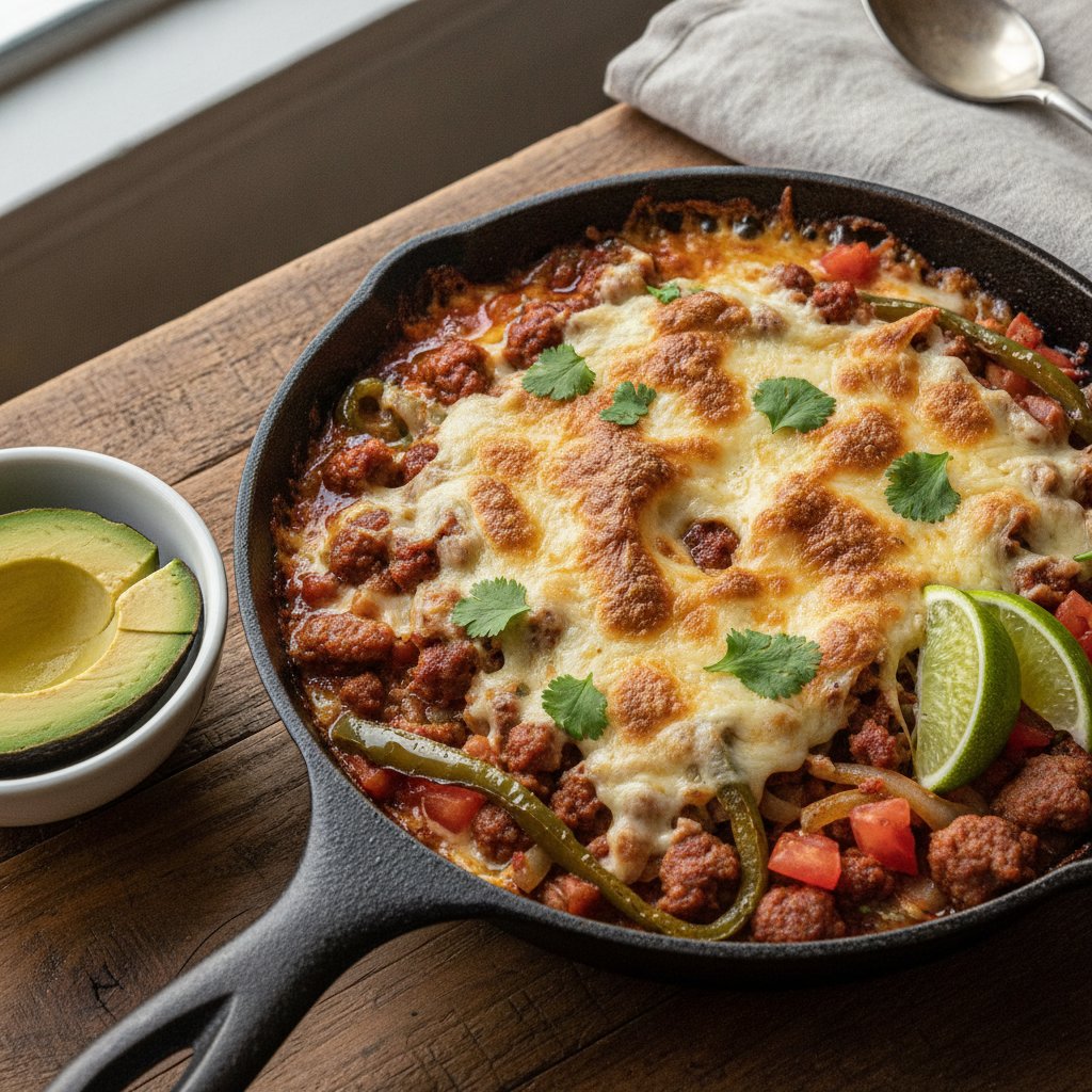 Melted Cheese Skillet with Spiced Sausage (Keto)
