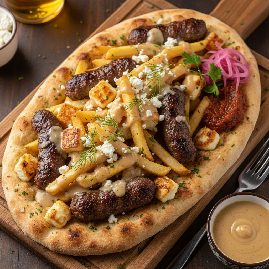 Loaded Beef Sausage Flatbread - Poutine Cevapi