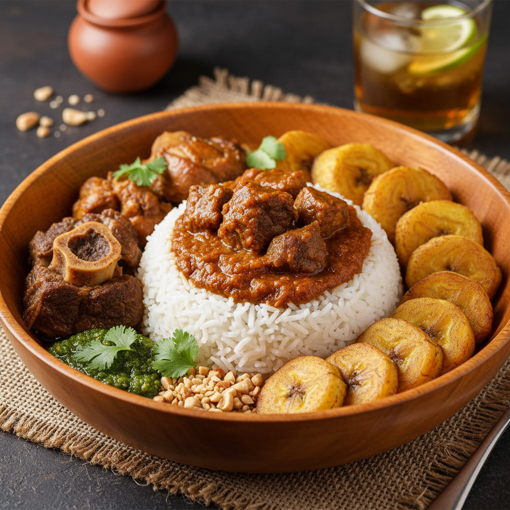 Palm Nut Beef Bowl with Rice and Plantain - Moambe Bandeja