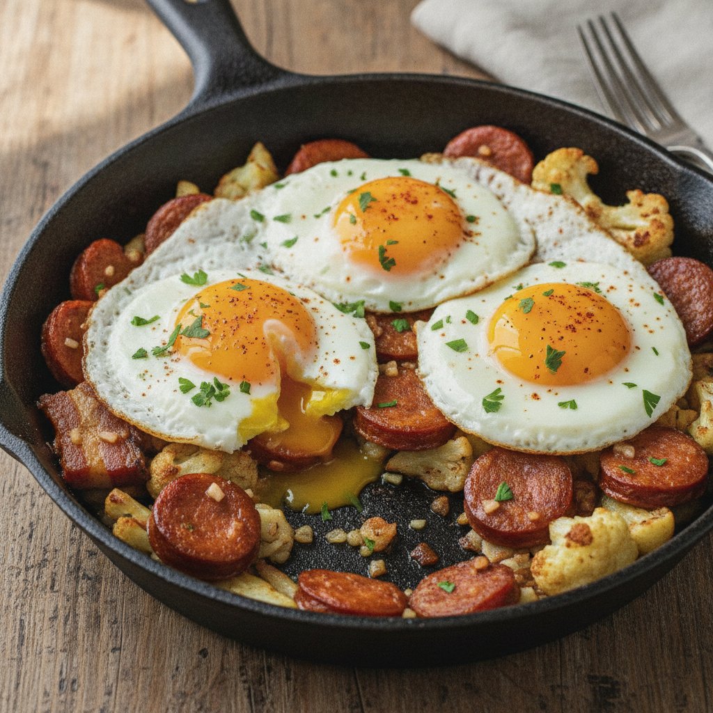 Broken Eggs with Sausage and Potatoes (Keto)