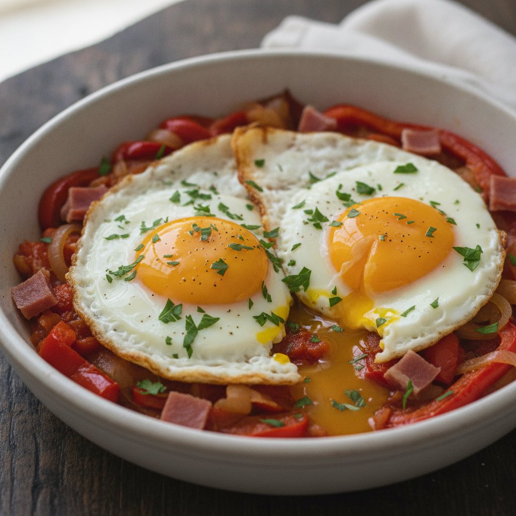 Eggs with Roasted Red Peppers and Ham