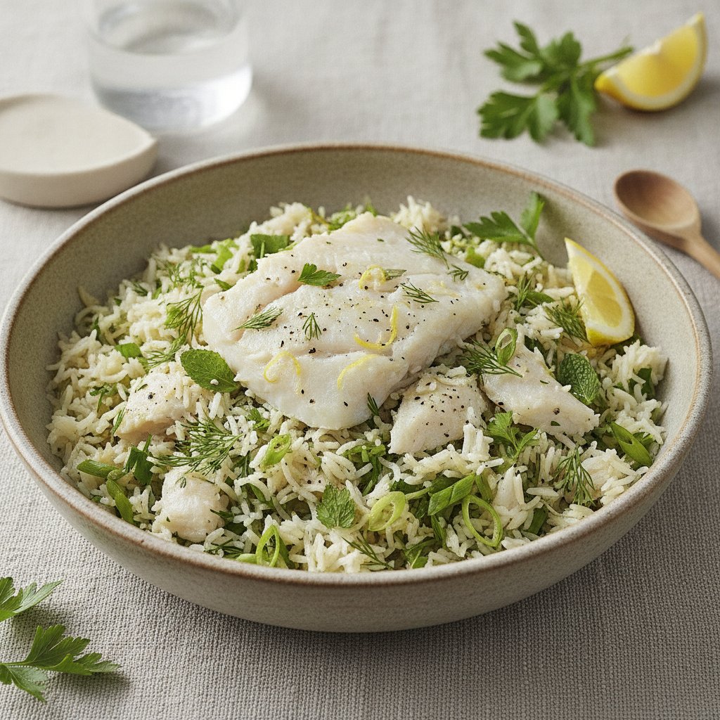 Rice with Fresh Herbs and White Fish (Low-Calorie)