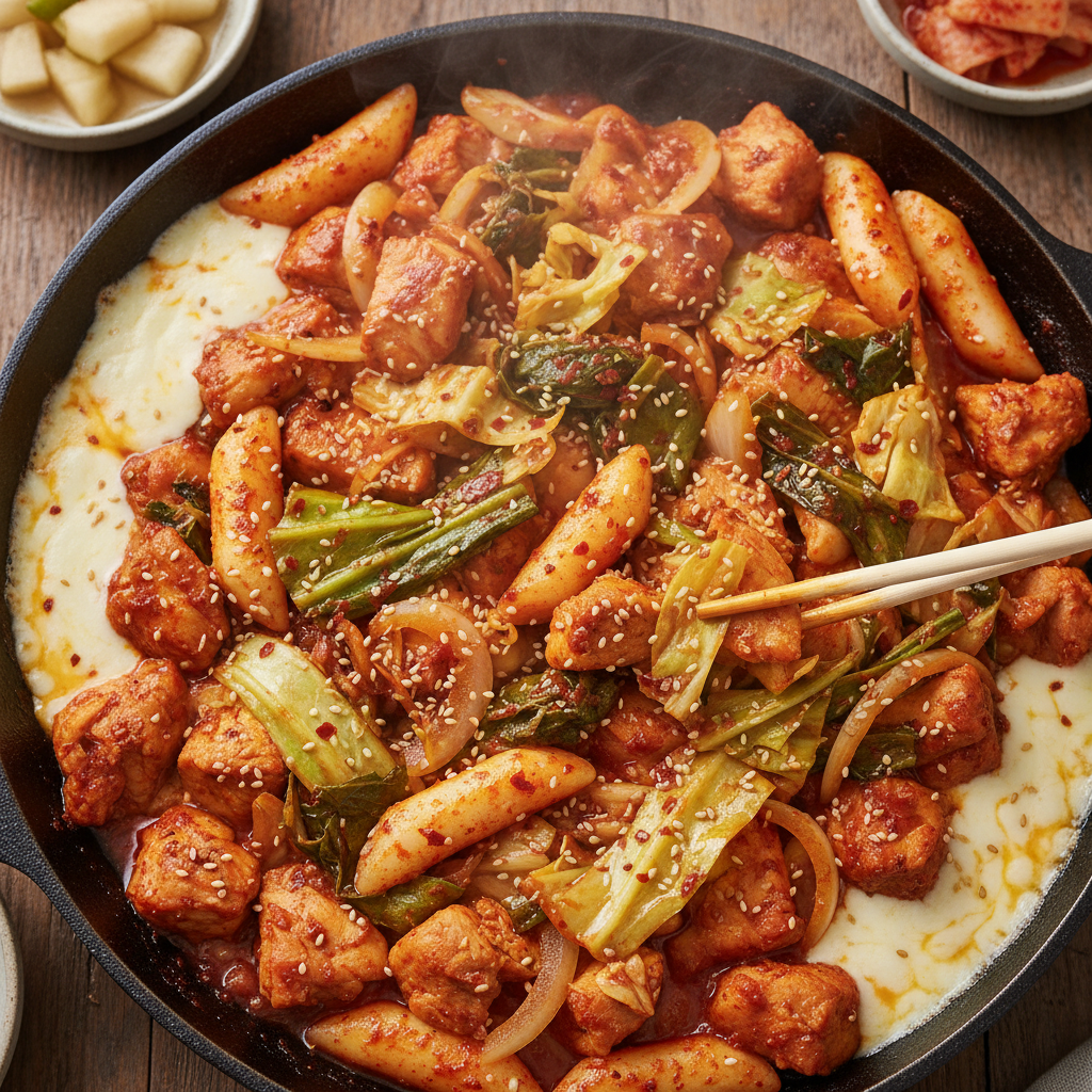 Spicy Skillet Chicken with Melted Cheese — Dak Galbi One Pan with Tteok and Cabbage
