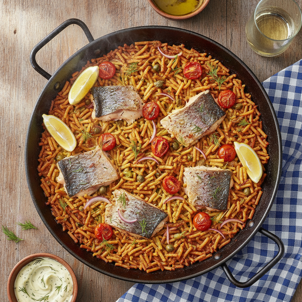 Smoked Trout Saffron Noodle Paella — Austrian Smoked Trout Spanish Noodle Paella — Fideua Smoked Trout