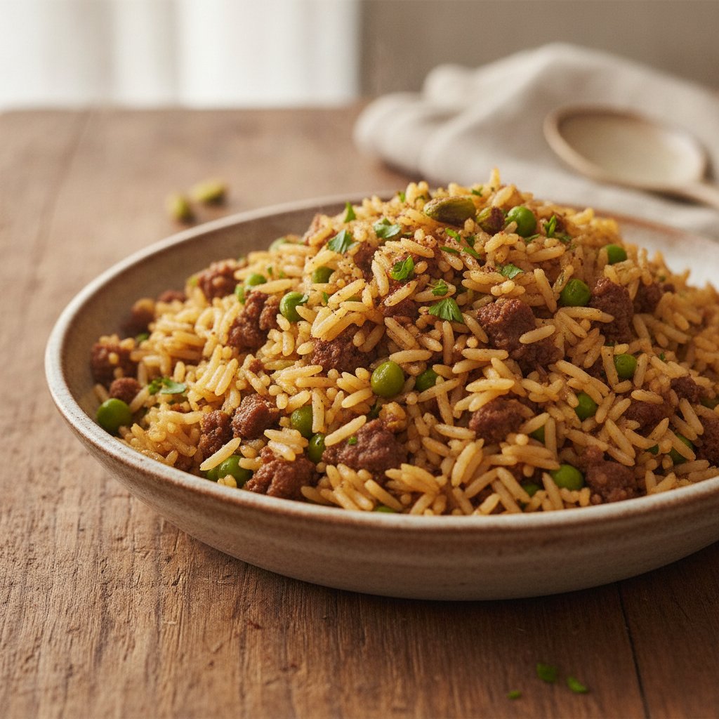 Spiced Rice with Ground Meat and Peas