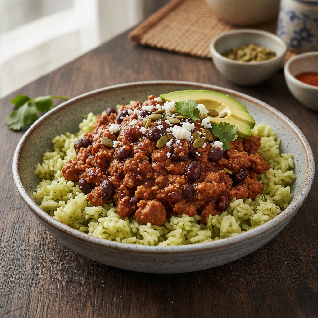 Turkey and Rice Bowl with Chocolate Chili Sauce (High-Protein)