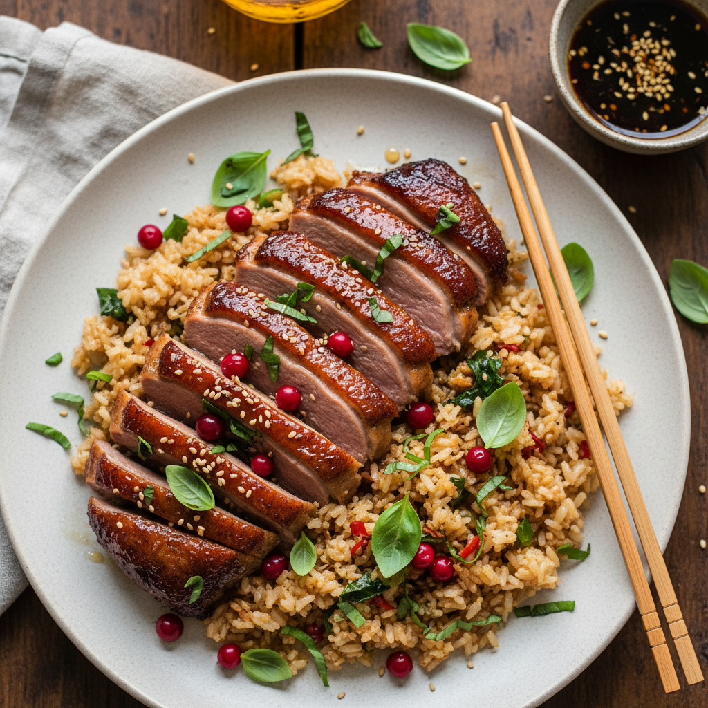 Thai Basil and Lingonberry Honey Glazed Duck Breast