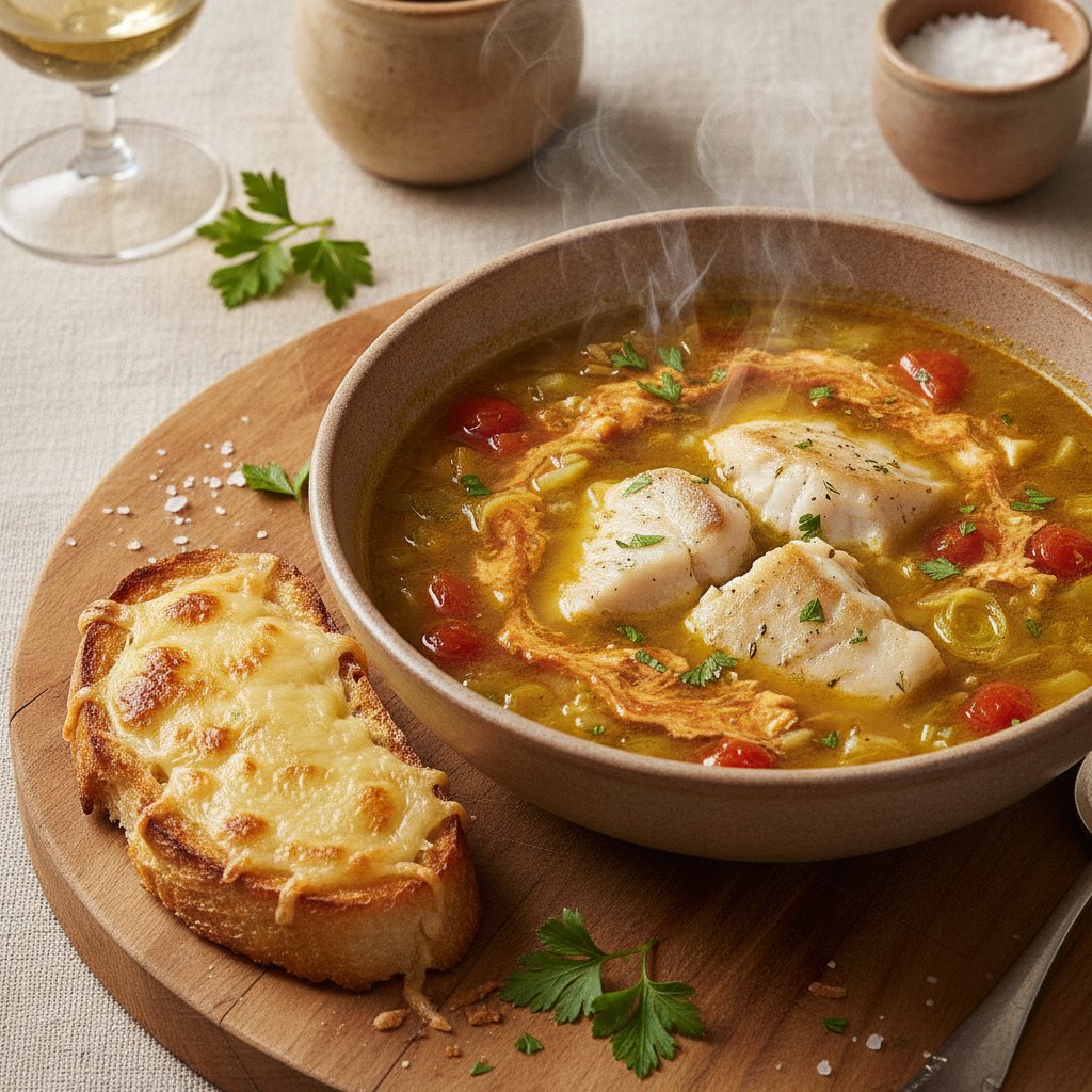 Fish Soup with Cheese Toast
