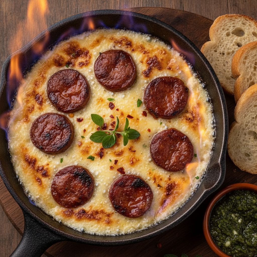 Flamed Melted Provolone with Chorizo — Flamed Argentine Provolone with Spanish Chorizo — Flaming Provoleta