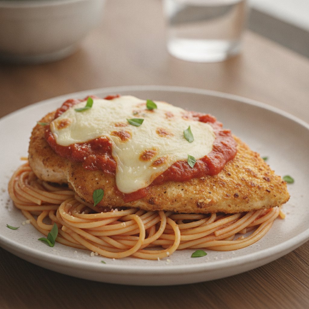 Chicken Parmesan over Spaghetti (Low-Calorie)