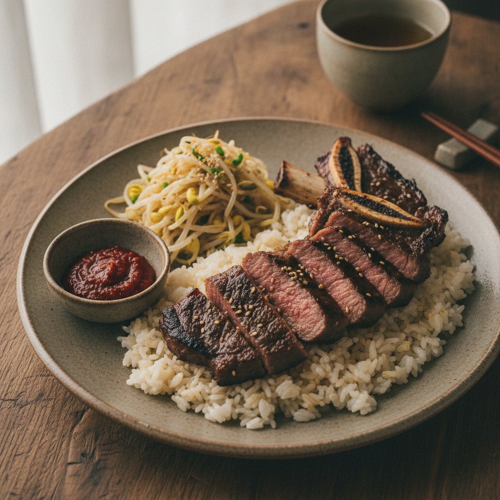 Korean Rice with Grilled Beef Ribs and Bean Sprouts