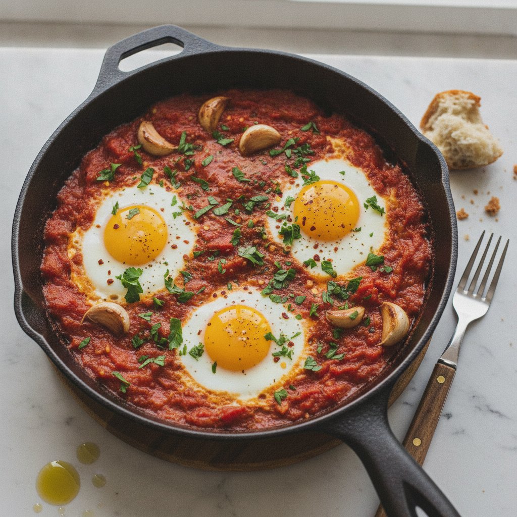 Cracked Eggs with Tomato and Garlic