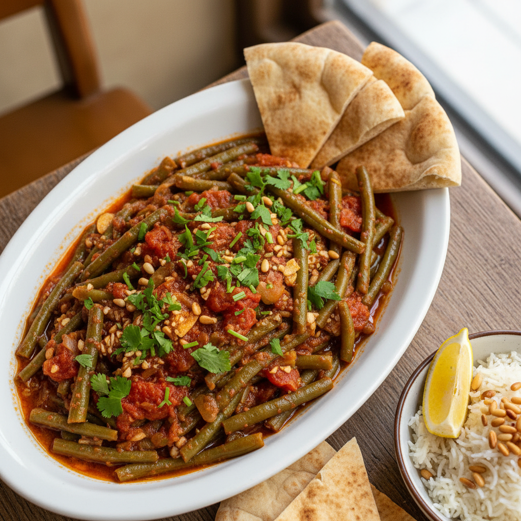 Braised Green Beans with Bulgur — Vegetable Lubia Bil Zeit Plate