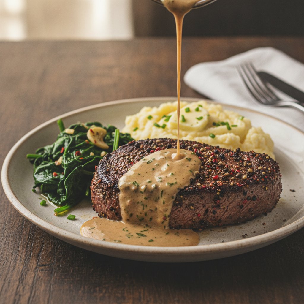 Steak with Peppercorn Sauce (Keto)