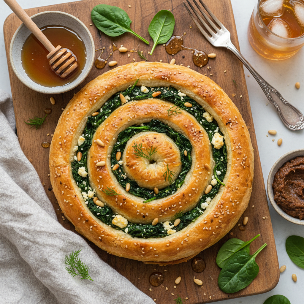 Crispy Spinach Feta Pastry with Fermented Soybean — Doenjang and Honey Spanakopita