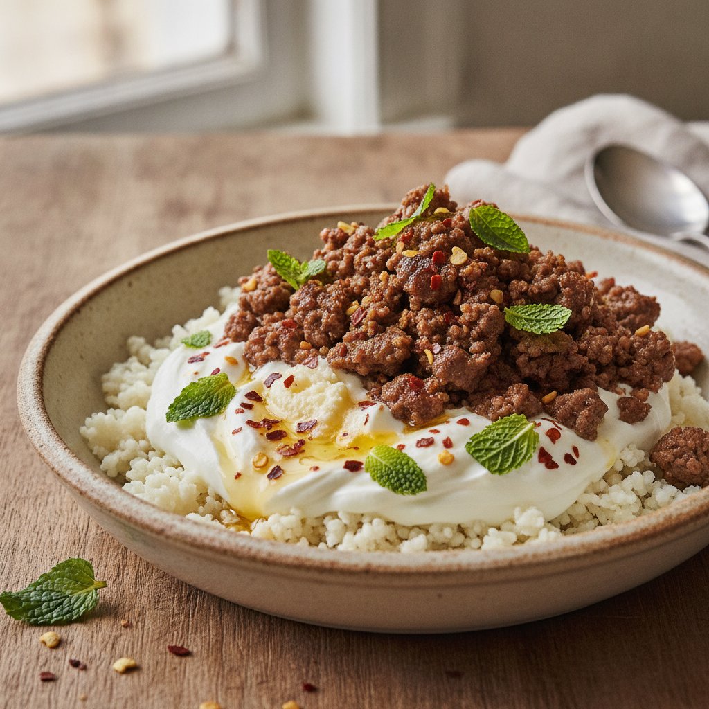 Yogurt Rice Bowl with Spiced Beef (Keto)