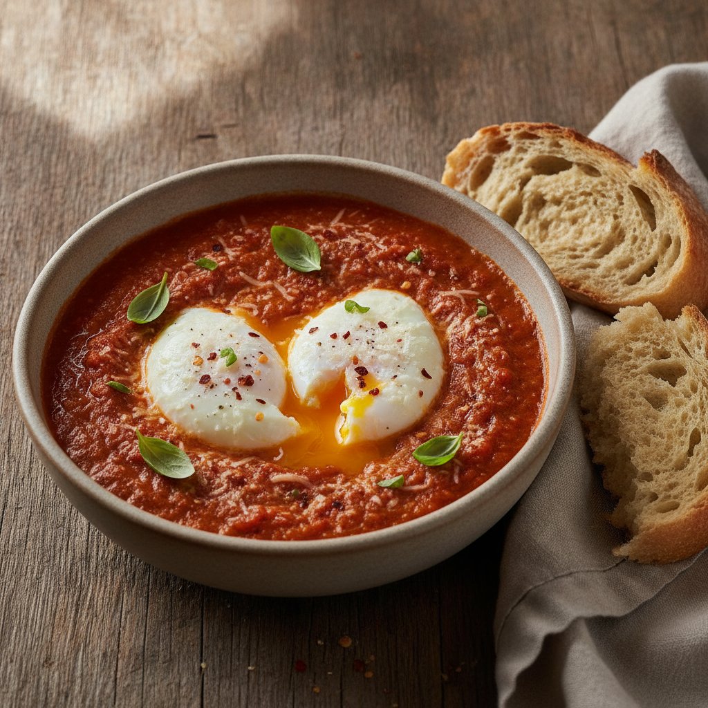Poached Eggs in Tomato Sauce (No-Chop)