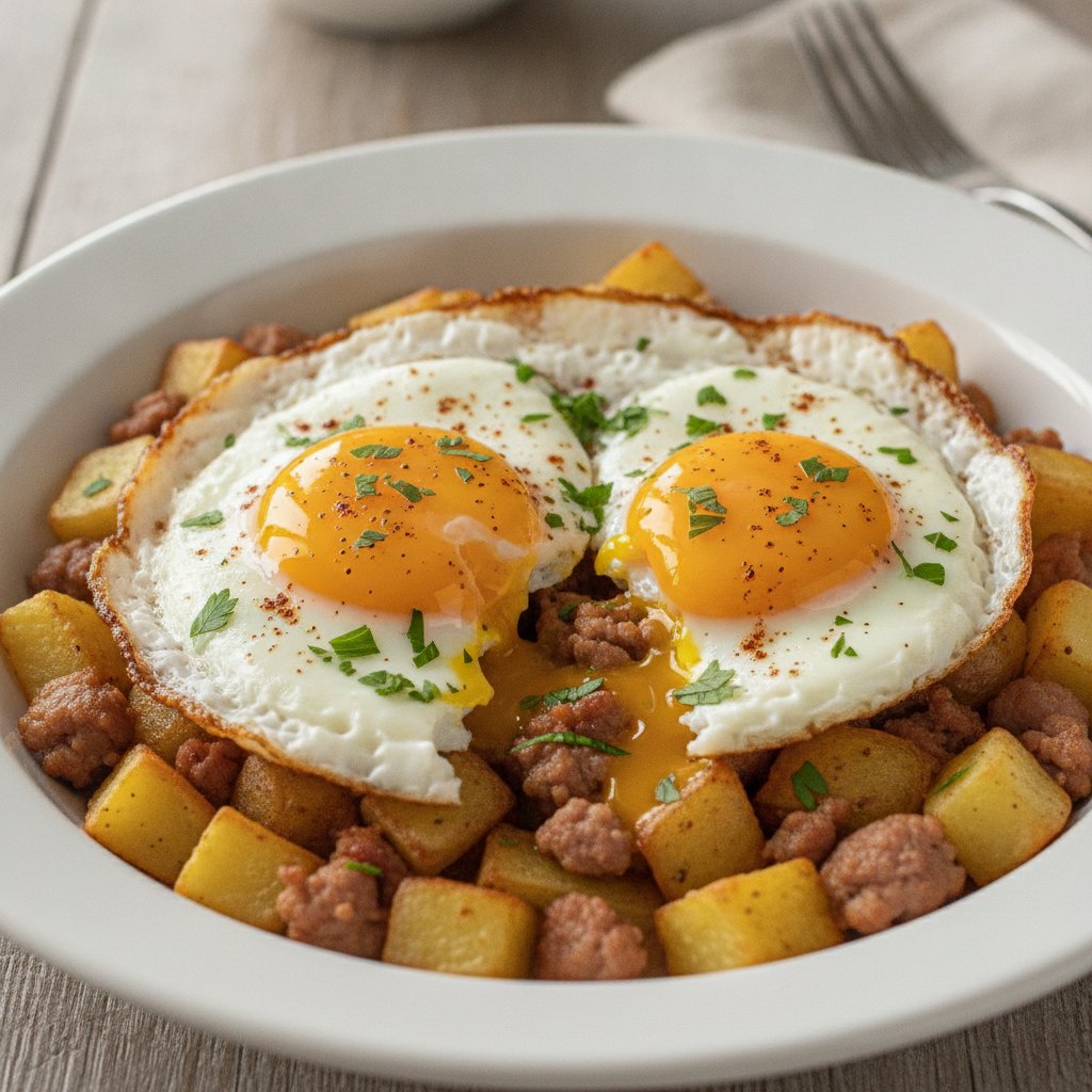 Broken Eggs with Sausage and Potatoes (Low-Calorie)