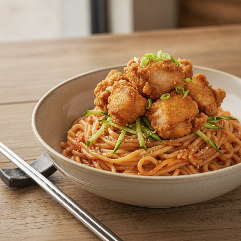 Spicy Cold Noodles with Fried Chicken