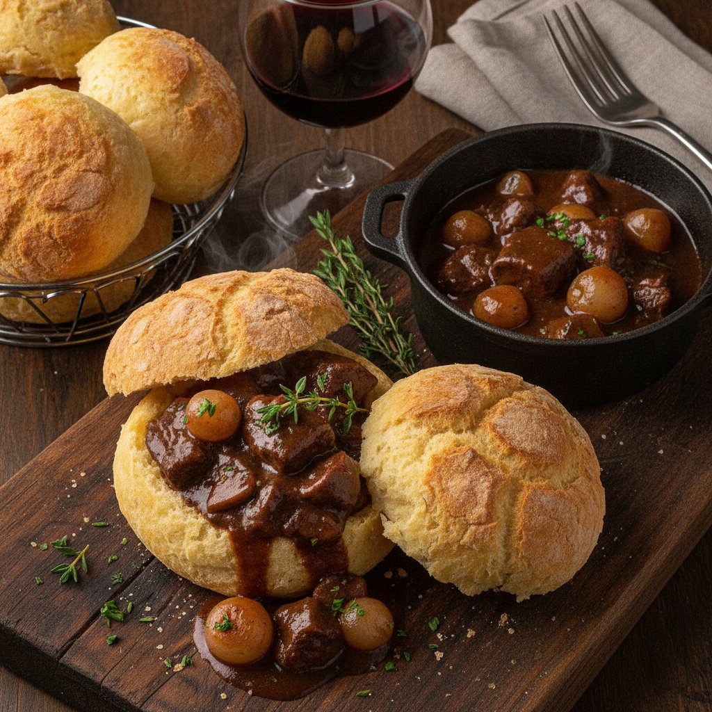 French Beef Bourguignon with Paraguayan Cheese Bread — Beef Bourguignon Chipa
