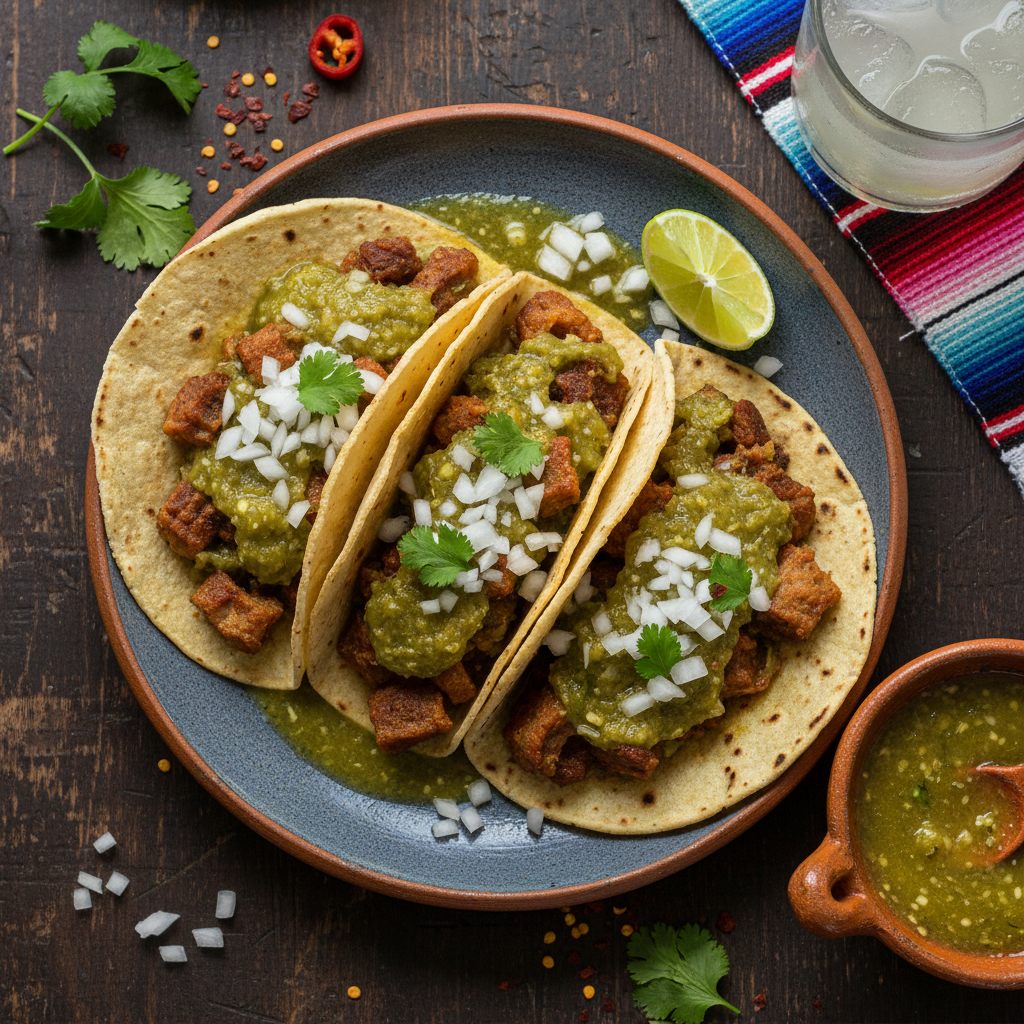 Crispy Pork Tacos in Green Salsa — Tacos de Chicharron en Salsa Verde