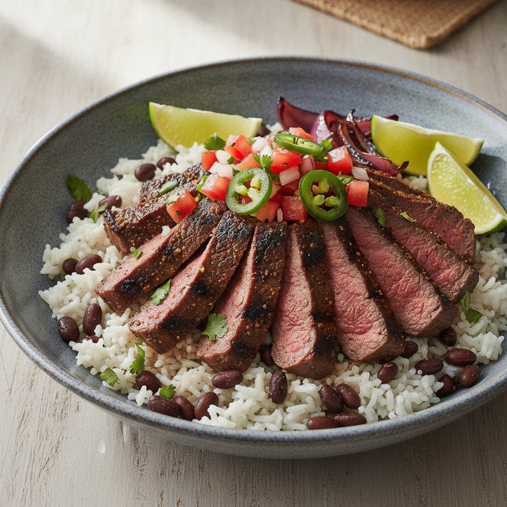Grilled Steak Bowl with Rice and Beans