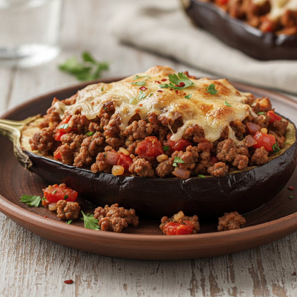 Baked Stuffed Eggplant with Ground Beef (Low-Calorie)