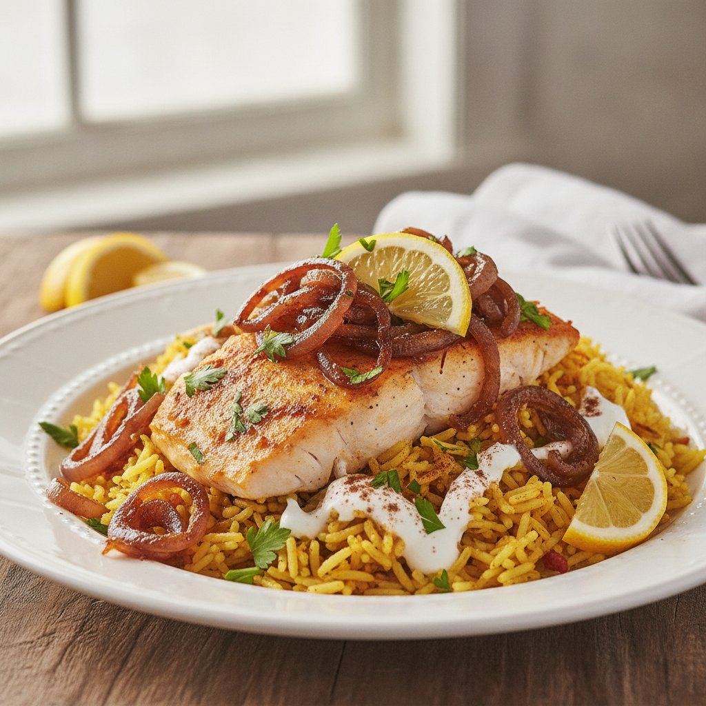 Fish and Spiced Rice with Caramelized Onions (Low-Chol)