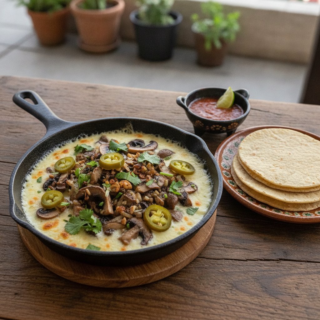 Skillet Melted Cheese with Mushrooms