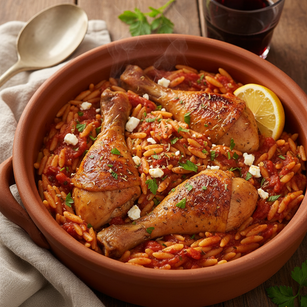 Baked Chicken with Orzo Pasta — Makedonian Chicken Giouvetsi