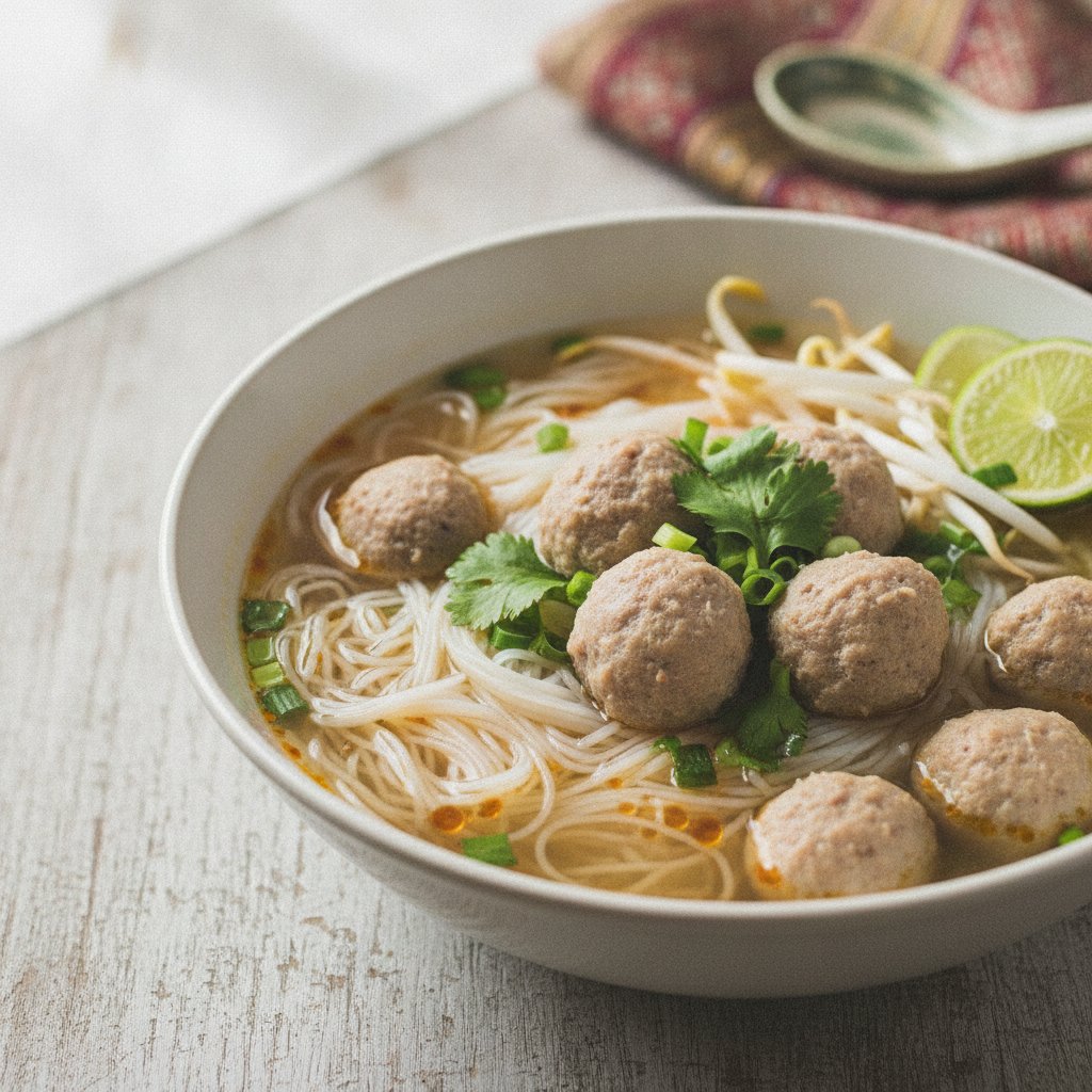 Thai Noodle Soup With Pork Balls (Low-Calorie)