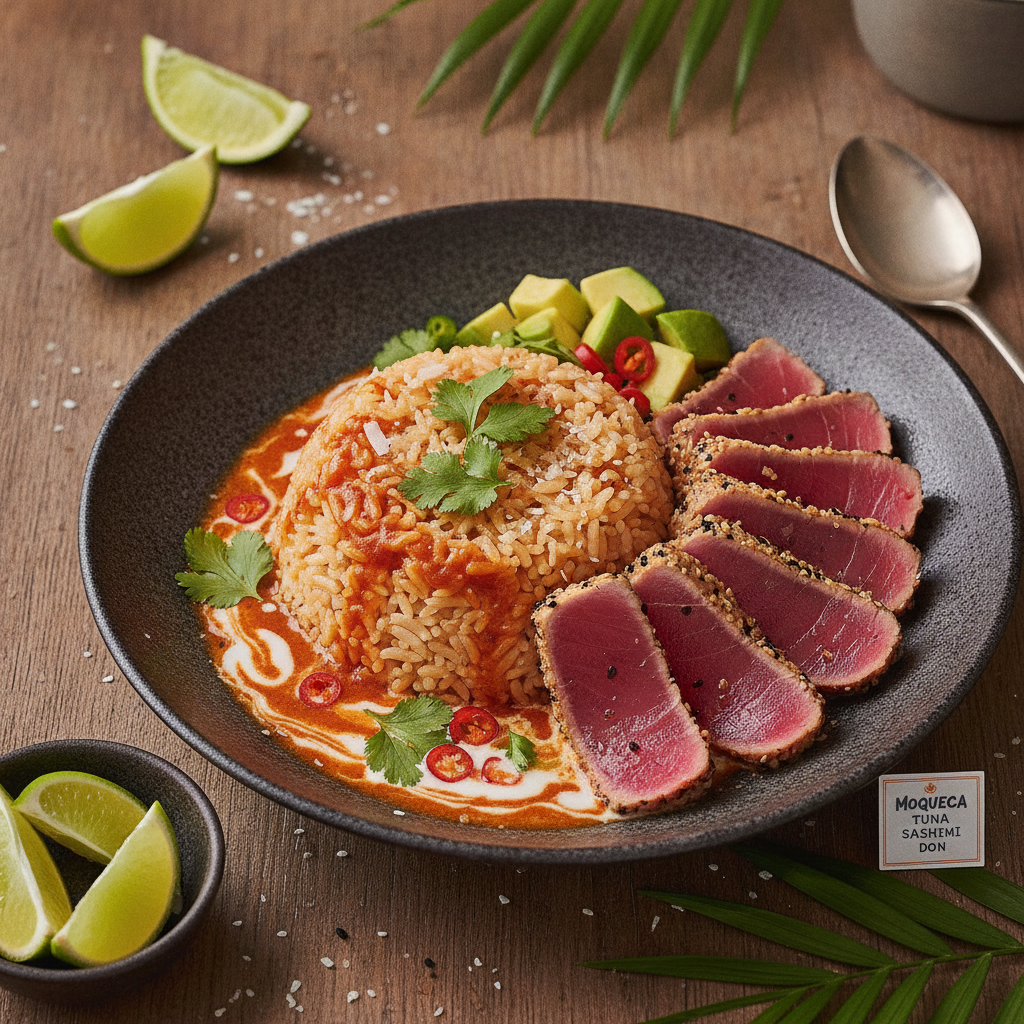 Seared Tuna Rice Bowl with Coconut Sauce — Seared Tuna and Coconut Moqueca Rice Bowl — Moqueca Tuna Sashimi Don