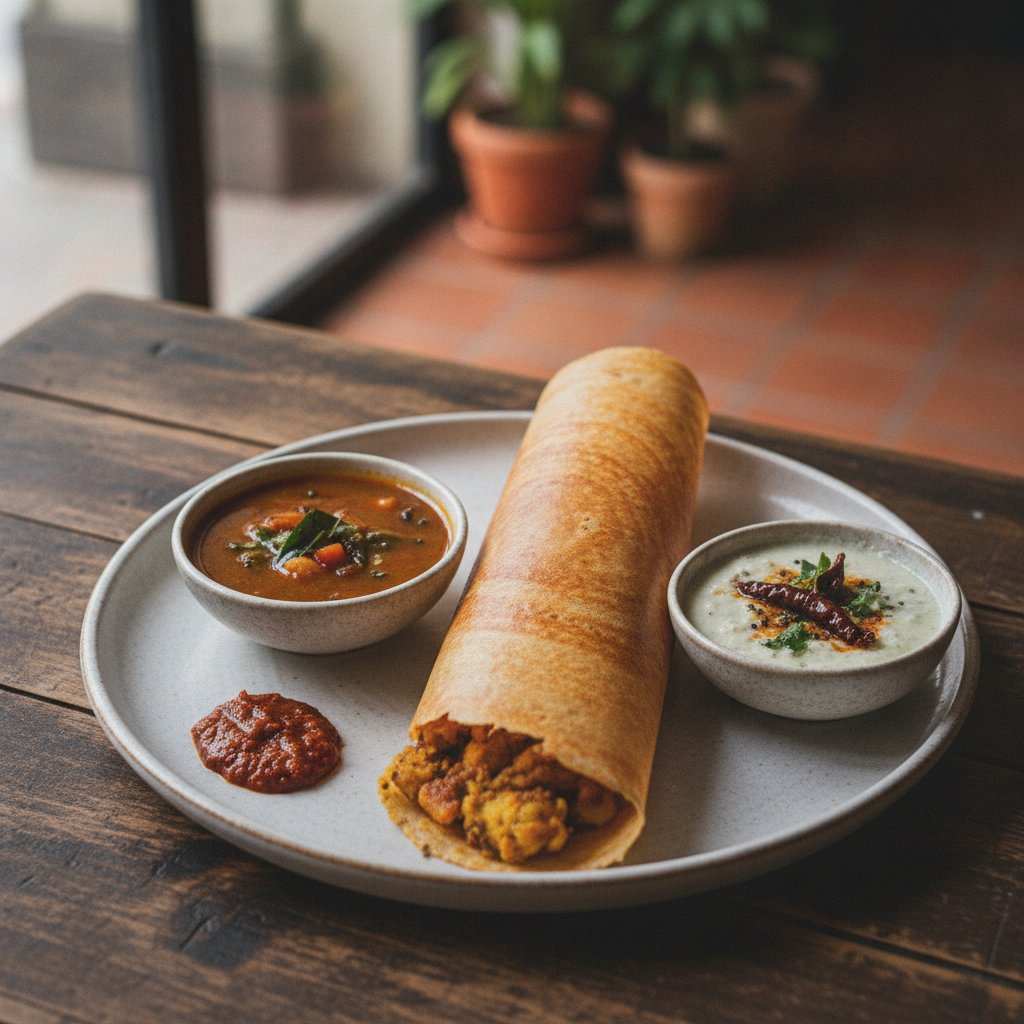 Masala Dosa with Sambar and Coconut Chutney