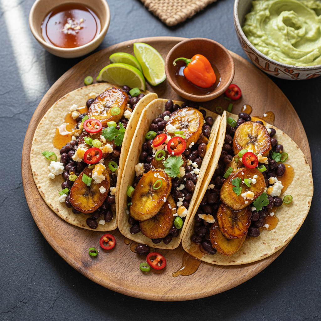 Plantain and Black Bean Tacos with Scotch Bonnet Honey