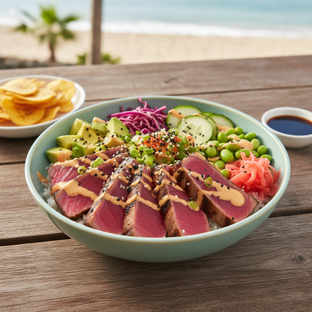 California Grilled Tuna Steak Poke Bowl