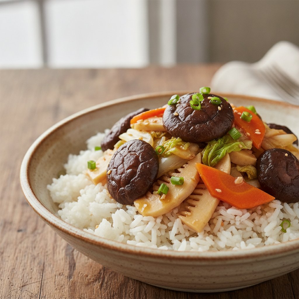 Braised Vegetable and Mushroom Rice Bowl