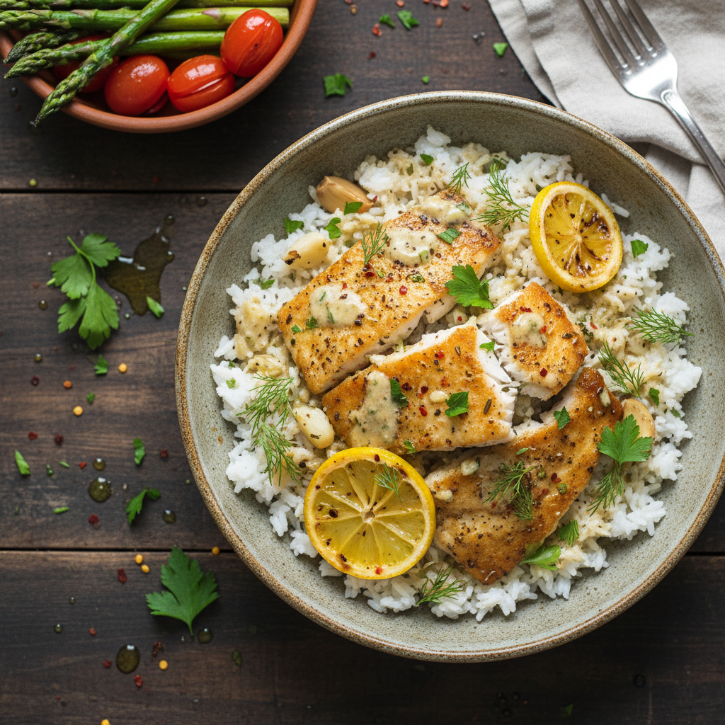 Lemon Garlic Tilapia Rice Bowl