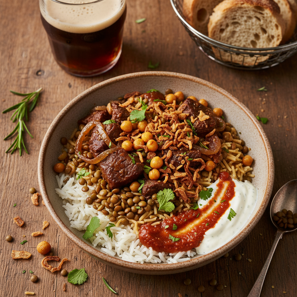 Beer-Braised Beef & Lentil Bowl - Koshari Stoofvlees