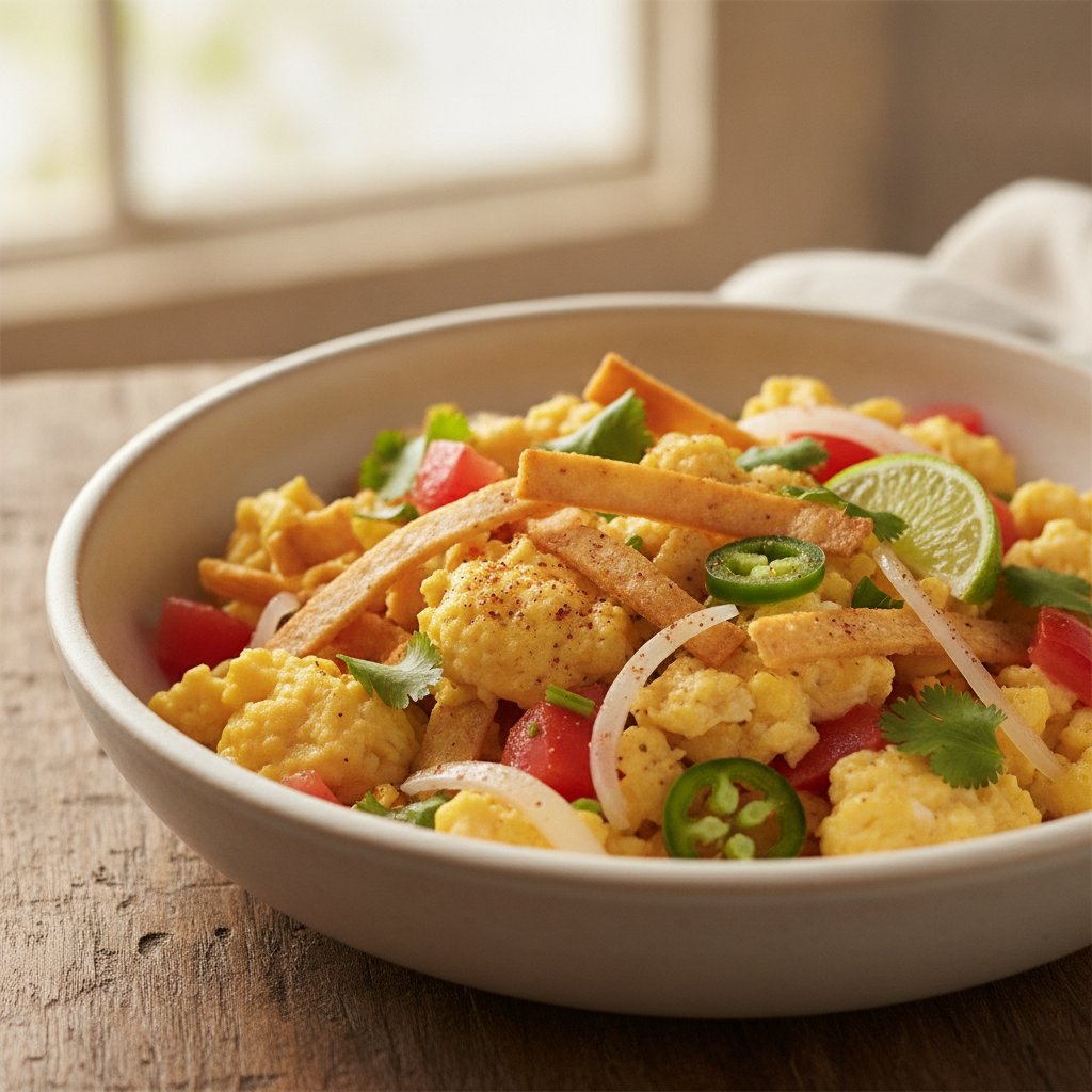 Skillet Eggs Scrambled with Tortilla Strips (Low-Calorie)