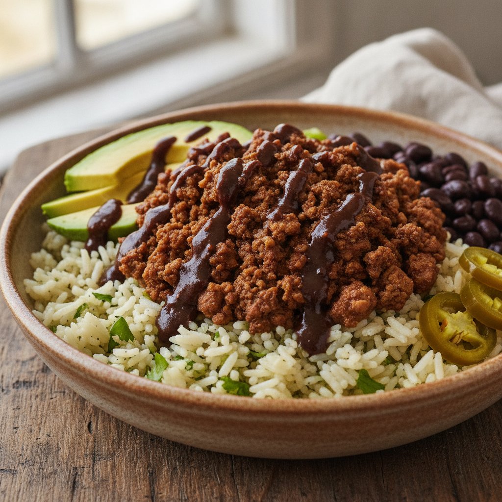 Turkey and Rice Bowl with Chocolate Chili Sauce