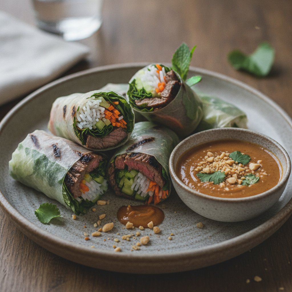 Grilled Beef Wraps with Peanut Sauce