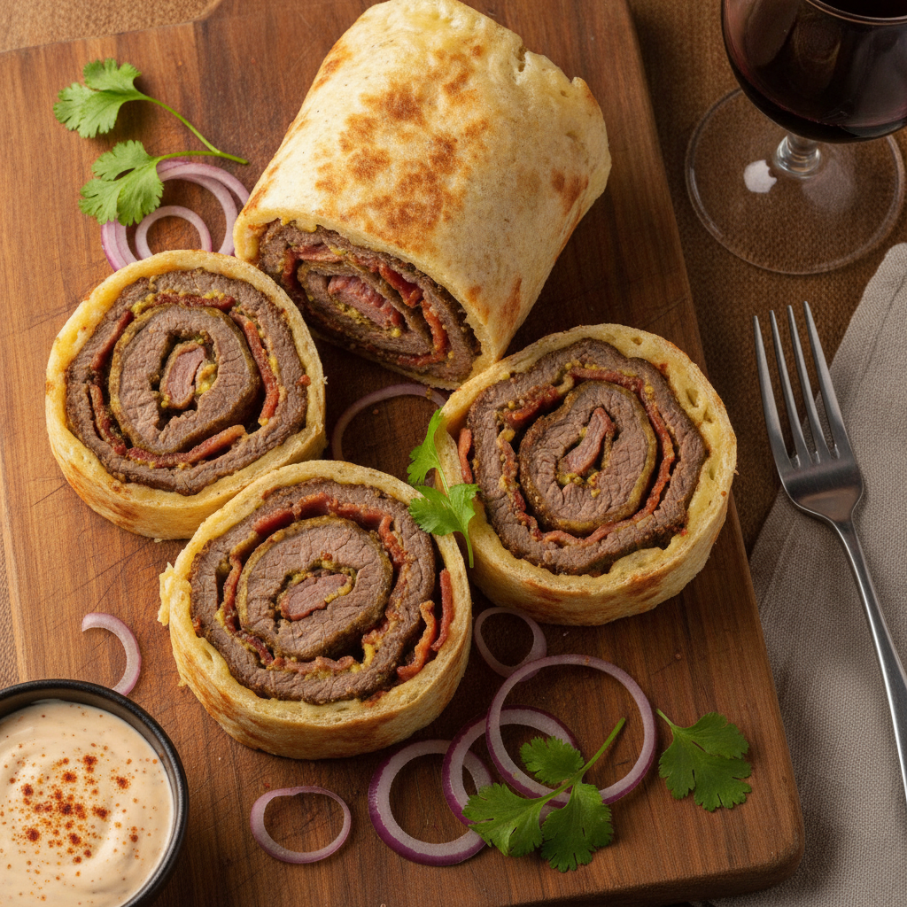 Bacon-and-Mustard Beef Rolled in Cassava Cheese Flatbread — Rouladen Mbeju Wrap