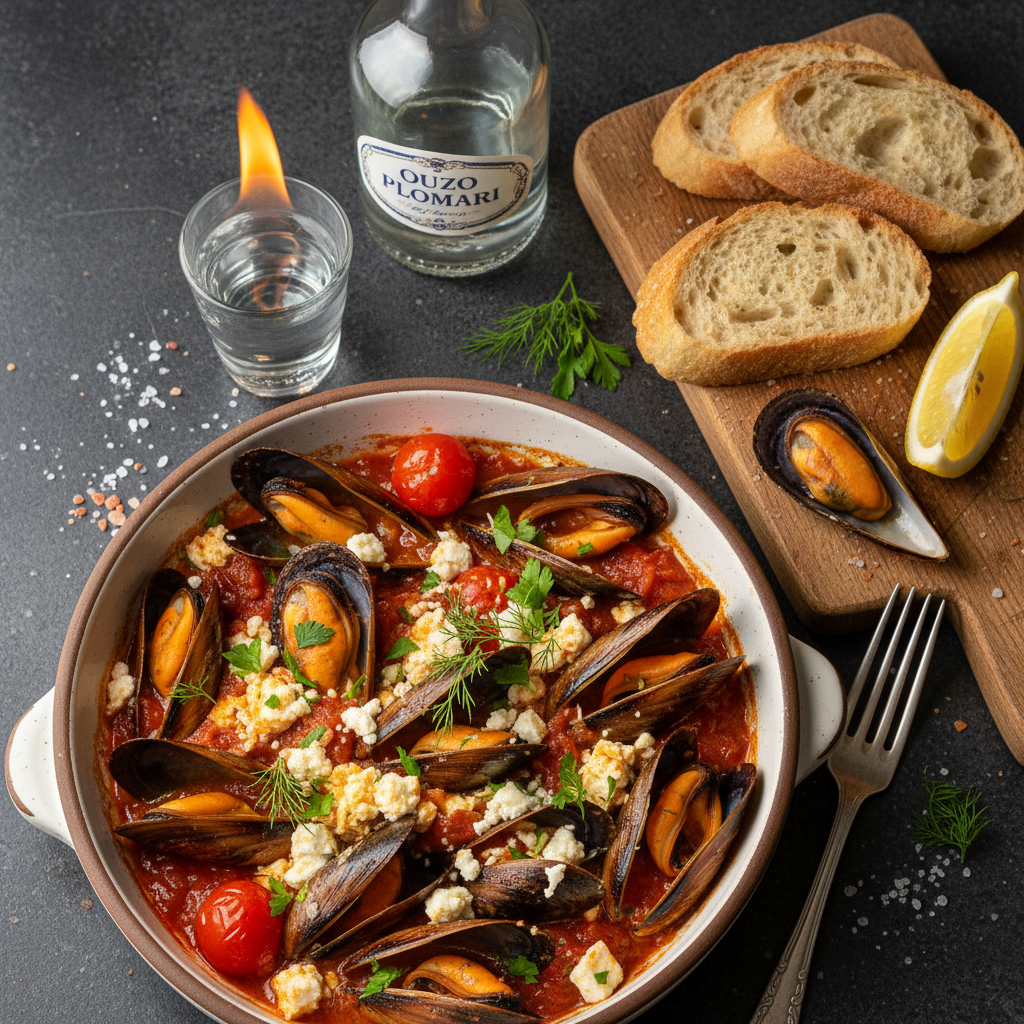 Feta Mussels in Ouzo Tomato Sauce — Mussels Saganaki with Ouzo