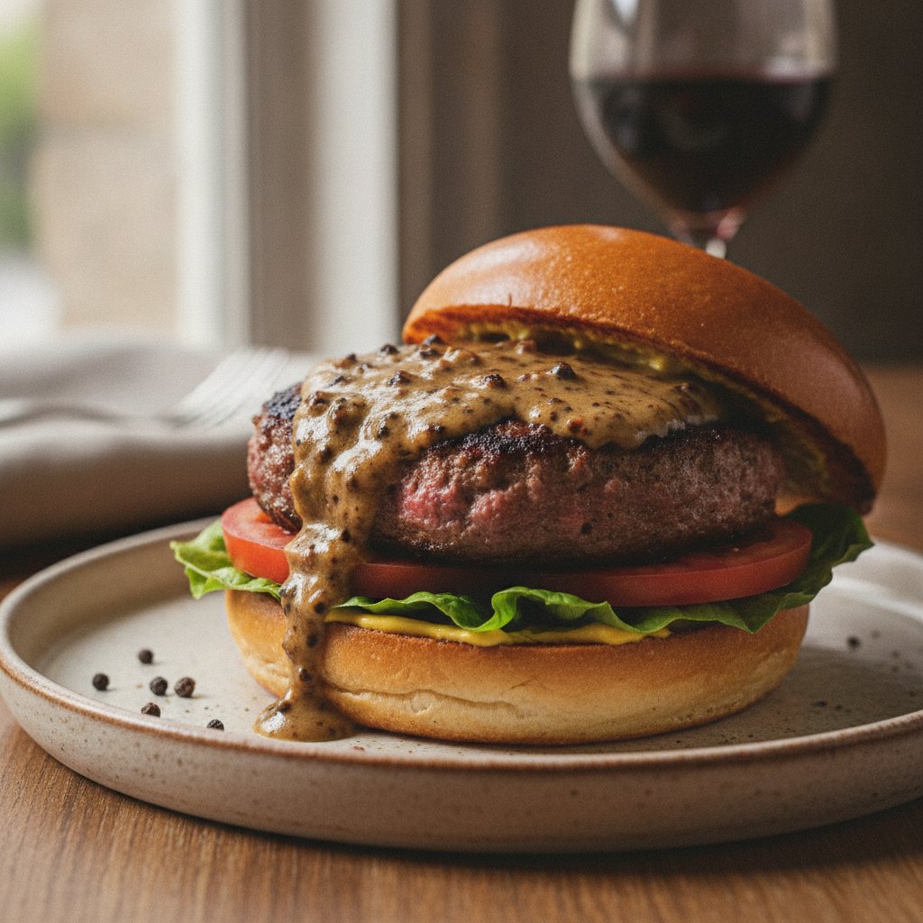 Beef Burger with Peppercorn Sauce