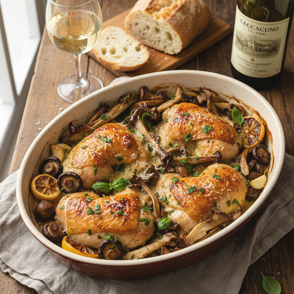 Pollo al Forno con Funghi e Vino Bianco