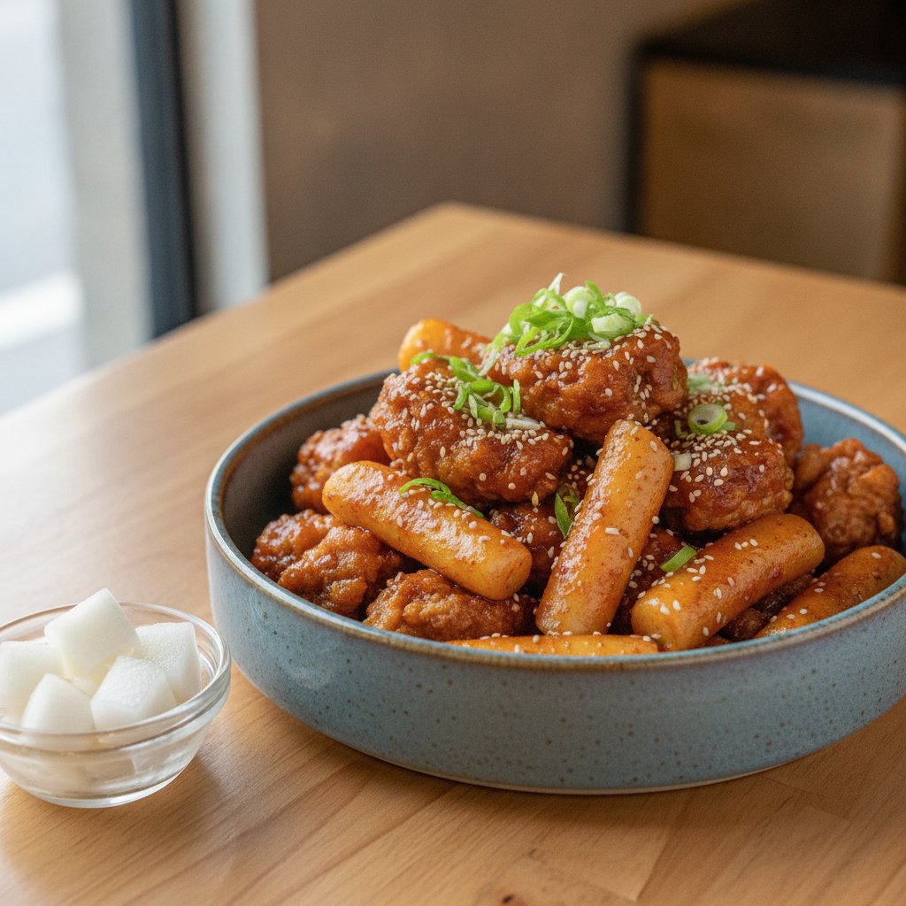 Fried Chicken with Rice Cake Plate